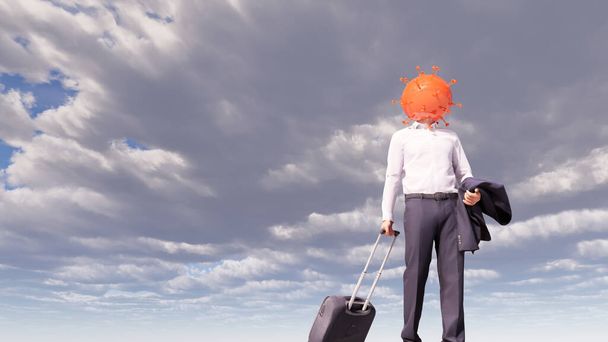 Konzept oder konzeptionelle 3D-Illustration eines Touristen mit Gepäck und Coronavirus auf blauem Himmel als Metapher für die kriselnde Tourismusindustrie während der Sperrung - Foto, Bild