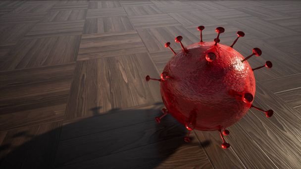 Küresel salgın ve bu ölümcül bulaşıcı solunum hastalığının bulaşma tehlikesine karşı bir uyarı olarak ahşap zemin zemininde Coronavirus 'un kavramsal veya kavramsal kırmızı 3D çizimi - Fotoğraf, Görsel