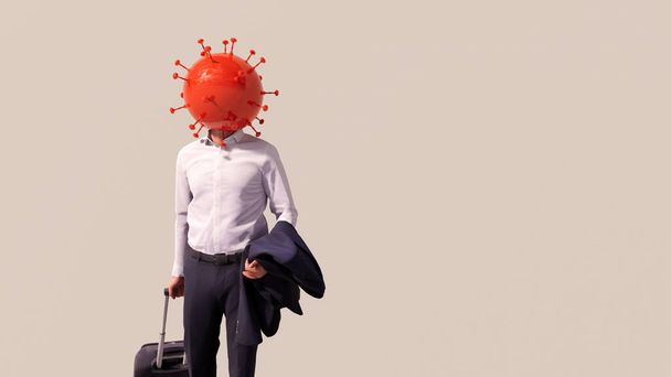 Concept ou illustration 3D conceptuelle d'un homme d'affaires avec valise et coronavirus sur fond gris comme métaphore de l'impact du verrouillage sur l'économie, la finance et l'investissement - Photo, image