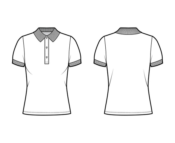 Poloshirt technische Mode-Illustration mit kurzen Ärmeln aus Baumwolle-Jersey, Übergröße, Knöpfe an der Vorderseite - Vektor, Bild