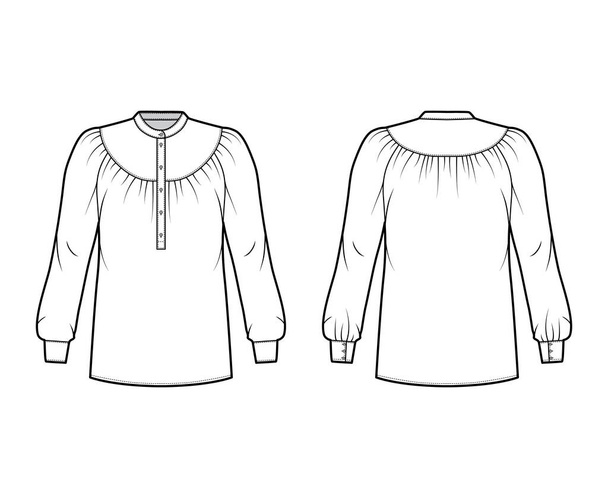 Blusa técnica de moda ilustración con yugo recogido, mangas largas, cuello de mandarín curvado, camisa de forma relajada - Vector, Imagen