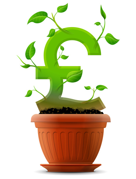 Растущий символ фунта, как растение с листьями в цветочном горшке
 - Вектор,изображение