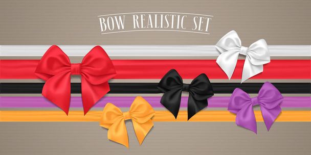 Realistic silk textile ribbon bow vector illustration. Design element for gift cards, boxes, Christmas presents. Red, golden bows with tape - Vektör, Görsel