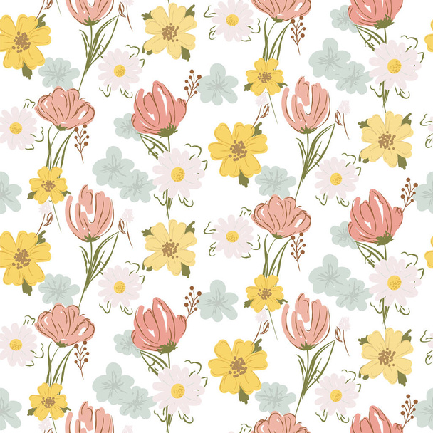 Floral seamless pattern with wildflowers and meadow plants. - Vector, Imagen
