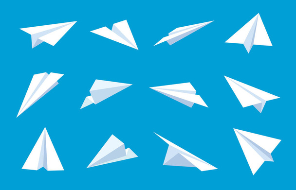 Paper plane. Flying planes in blue sky, white paper airplanes from different angles and direction, message or traveling flat vector symbols - Διάνυσμα, εικόνα