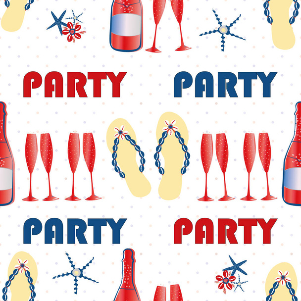 Party flip flop chaussure sans couture vectoriel fond de motif. Fond rouge, bleu, blanc avec texte, sandales, bouteilles de champagne, poisson étoilé. répétition géométrique de couleur Americana pour la célébration de thème de plage - Vecteur, image