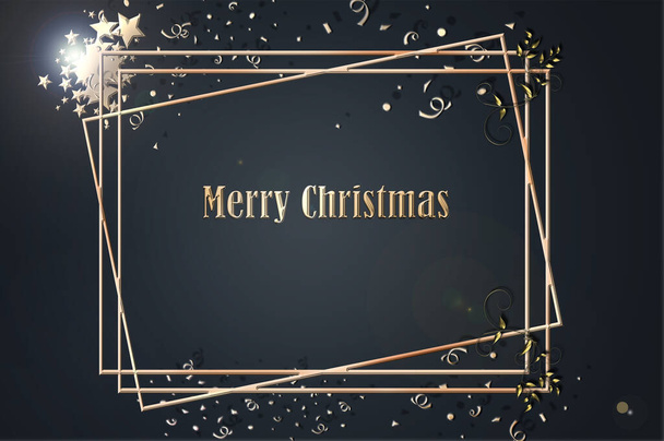Noel afişi. Arkaplanda yıldızlı altın bakır çerçevelerin Xmas tasarımı. Yatay Noel posteri, tebrik kartları, başlıklar, web sitesi. 3B Görüntü - Fotoğraf, Görsel