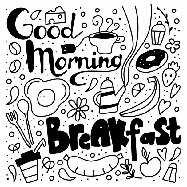 Breakfast menu doodle. Morning food with lettering, coffee and eggs, tea and sausage, hand drawn black vector illustration on white background for cafe restaurant menus - Вектор,изображение
