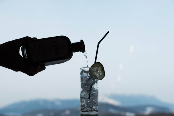 bouteille de gin, verre avec glaçons avec une tranche de concombre, gin tonic - Photo, image