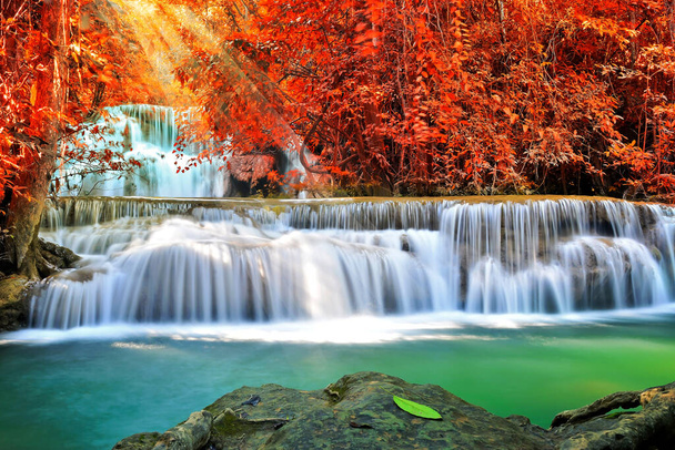 Doğada inanılmaz, sonbahar mevsiminde renkli sonbahar ormanlarında güzel şelale.  - Fotoğraf, Görsel