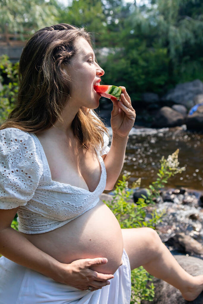 Pregnant woman posing in the woodlands - Photo, Image