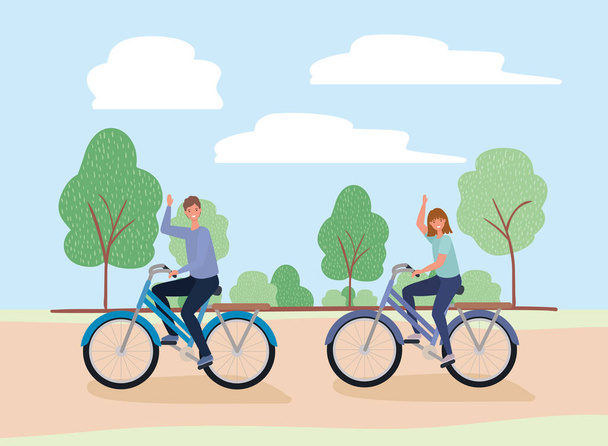 公園のベクトルデザインで自転車に乗る女性と男性の漫画 - ベクター画像