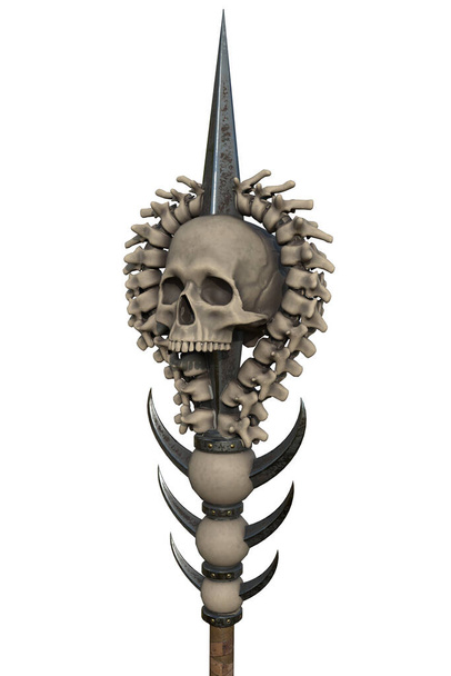 Stab mit Totenkopf aus Holz mit Metalleinsätzen auf isoliertem weißem Hintergrund. 3D-Illustration - Foto, Bild