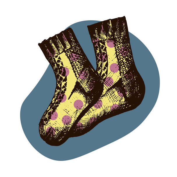 Πλεκτές κίτρινες κάλτσες με λιλά κύκλους σε σκούρο μπλε φόντο - Διάνυσμα, εικόνα