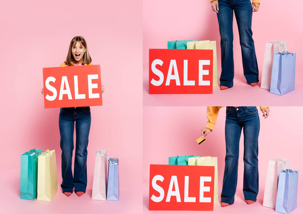 Collage of woman holding card with sale lettering near colorful shopping bags on pink background - Foto, Imagen