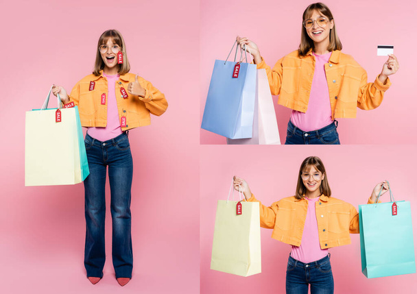 Collage of woman holding shopping bags with sale lettering on price tags and credit card on pink background - Photo, Image