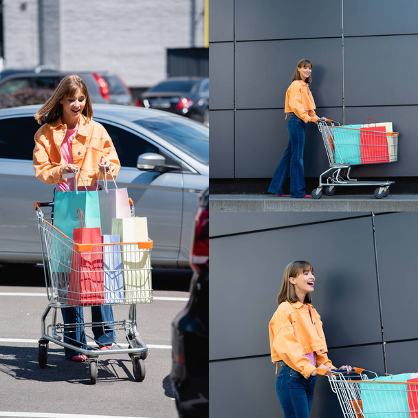 Collage de jeune femme tenant un chariot avec des sacs à provisions dans la rue urbaine - Photo, image