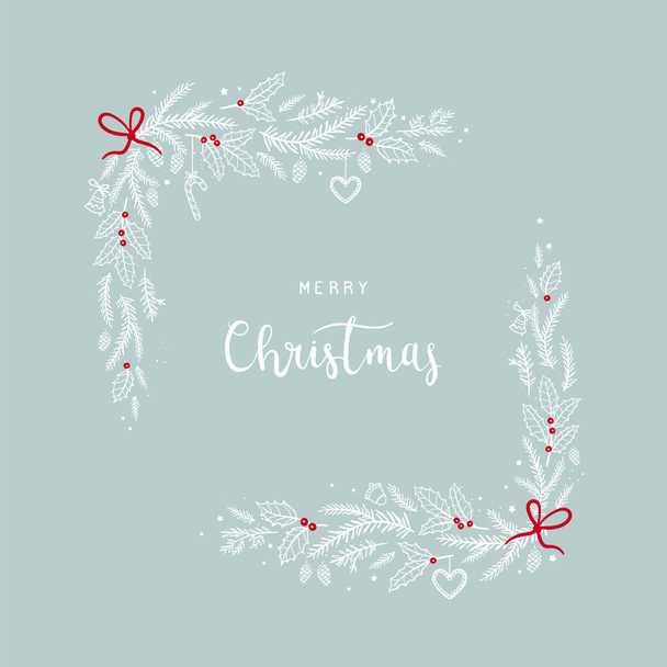 Cute hand drawn Christmas design, square wreath with branches and decoration. Great for card, banners, wallpaper - vector design - Вектор, зображення