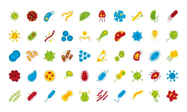 baktériumok és vírus formák ikon készlet, lapos stílus - Vektor, kép
