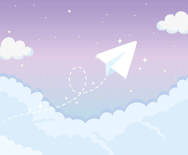 flying paper plane stars clouds background - Vector, Image