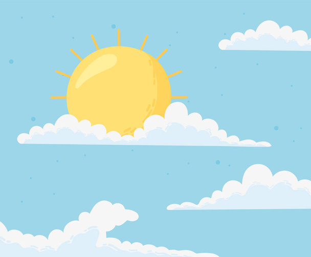 blauwe lucht met wolken en zon cartoon achtergrond - Vector, afbeelding