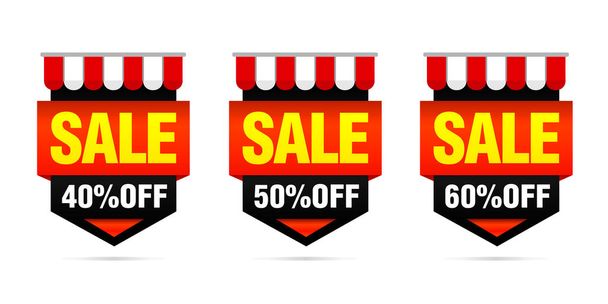 Shopping sale. Black, red set of sale badges 40%, 50%, 60% off. Vector illustration - Vector, afbeelding