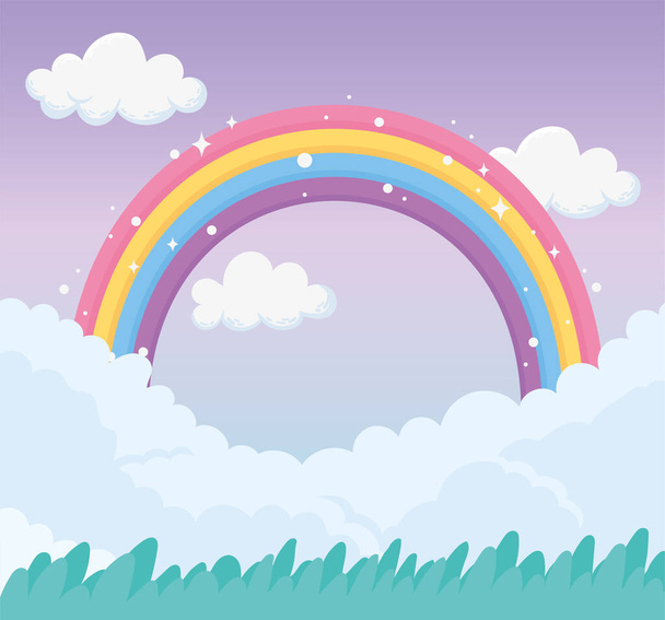 Волшебный луг, радуга на небе - Вектор,изображение