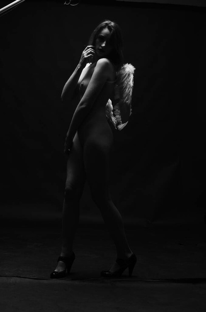 beautiful nude woman wearing decorative angel wings posing on dark background     - Fotó, kép