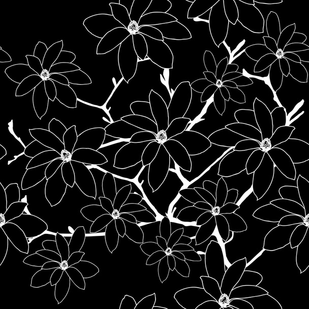 Seamless Black and white Pattern with Magnolia Branch - Vector, afbeelding