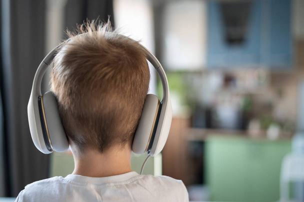 Back view of a little boy wearing headphones. - Photo, Image