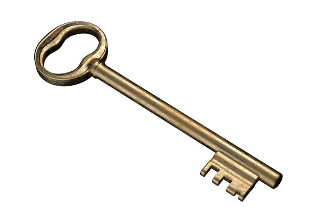 Gold antique door key isolated on white background. No shadows. 3d render - Photo, Image