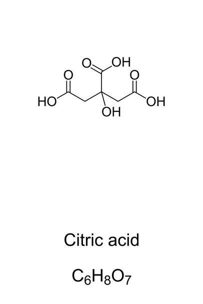 Ácido cítrico, estrutura química e fórmula. Ácido orgânico fraco, naturalmente em citrinos. Intermediário no ciclo do ácido cítrico. Usado como acidificante, como agente aromatizante e quelante. Ilustração. Vetor
 - Vetor, Imagem