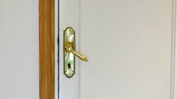 Close-up zicht op klapdeurkruk en langzaam openen witte deur.  - Video