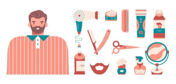 Mężczyzna z brodą i zestawem narzędzi fryzjerskich, pielęgnacja włosów, produkty higieniczne izolowane na biało. Suszarka do włosów, nożyczki, brzytwa, lustro, grzebień, butelka z sprayem. Ilustracja wektora płaskiej kreskówki. - Wektor, obraz