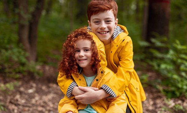 Redhead siblings hugging in forest - Фото, зображення