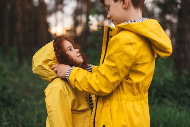 Boy putting hood on sister in forest - Foto, afbeelding