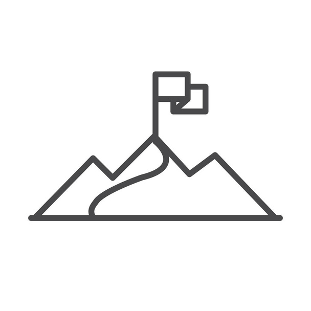 montañas con bandera en la línea de éxito objetivo superior icono de diseño - Vector, Imagen