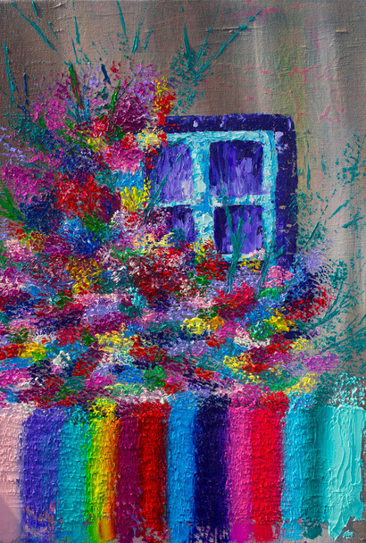 Peinture à l'huile fenêtre avec des fleurs. Contexte. Texture. - Photo, image