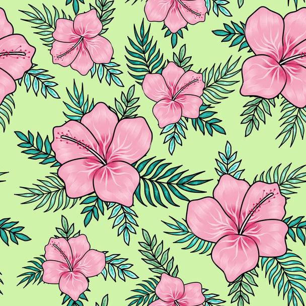 Flores de hibisco rosa com palmeira deixa padrão sem costura no fundo rosa. Ótimo para papel de parede primavera e verão, fundos, convites, projetos de design de embalagens têxteis
. - Vetor, Imagem