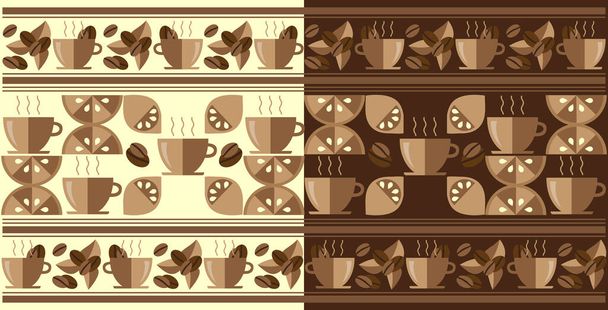 Coffee pattern ornament from coffee cup, coffee beans, lemon and leaveson a white and brown background .Vector graphic.  - Vektor, kép