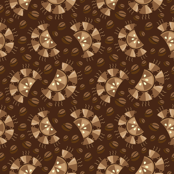 Seamless pattern of coffee cups, slices of lemons and coffee beans on a brown background .Vector graphic. - Vektori, kuva