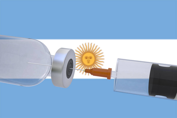 3D Illusztrációs vakcina tartály tartály Argentína zászlóval ellátott fecskendővel. - Fotó, kép