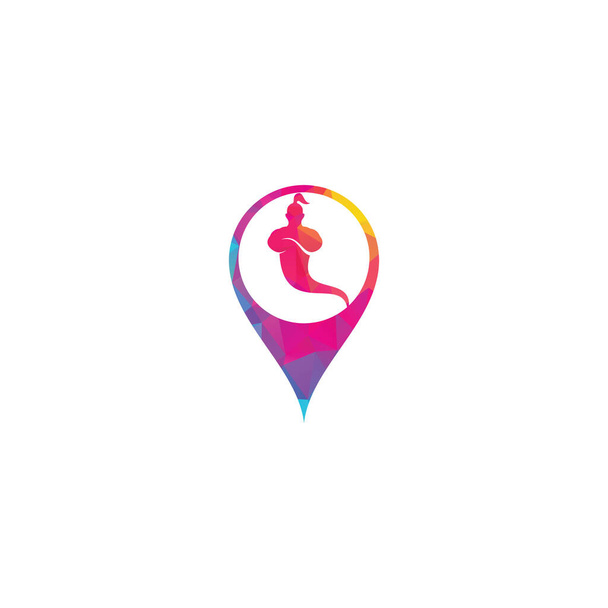 Genie mapa pin forma concepto Logo Design. Magia fantasía genio concepto logo. - Vector, Imagen