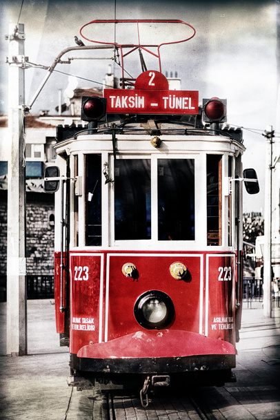 Red vintage tram in Istanbul with filter applied - Photo, Image