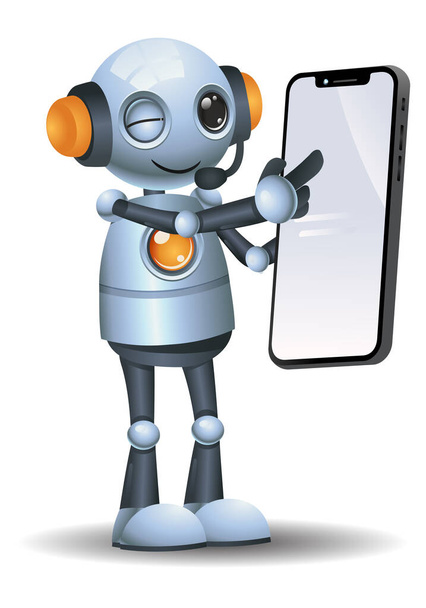 kuva 3d pikku robotti operaattori kertoa yhteyttä älypuhelimen kautta puhelun palveluntarjoajan eristetty valkoinen tausta - Valokuva, kuva