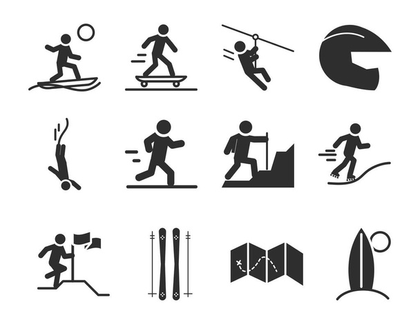 esporte extremo estilo de vida ativo skatista corredor escalada surfe silhueta ícones definir design
 - Vetor, Imagem