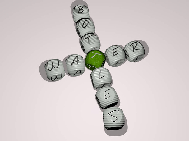 Wasserflaschen Kreuzworträtsel aus Würfeln Buchstaben in Farbe - 3D-Illustration für Hintergrund und blau - Foto, Bild