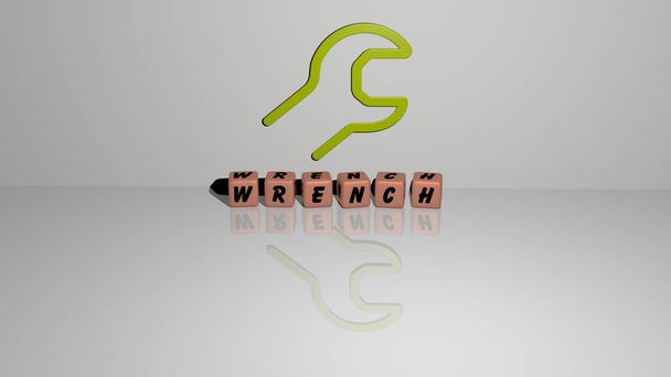 Texto WRENCH de letras de dados cúbicos no chão e ícone 3D na parede - ilustração 3D para fundo e construção
 - Foto, Imagem