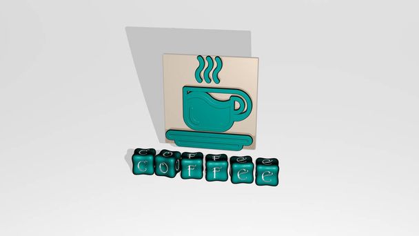 Immagine grafica 3D di COFFEE verticalmente con testo costruito da lettere cubiche metalliche dalla prospettiva superiore, eccellente per la presentazione del concetto e presentazioni di diapositive per sfondo e tazza - Foto, immagini