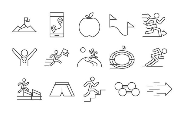 бігові спортивні перегони гірський прапор бігун яблуко вага переможець лінії іконки встановлений дизайн
 - Вектор, зображення